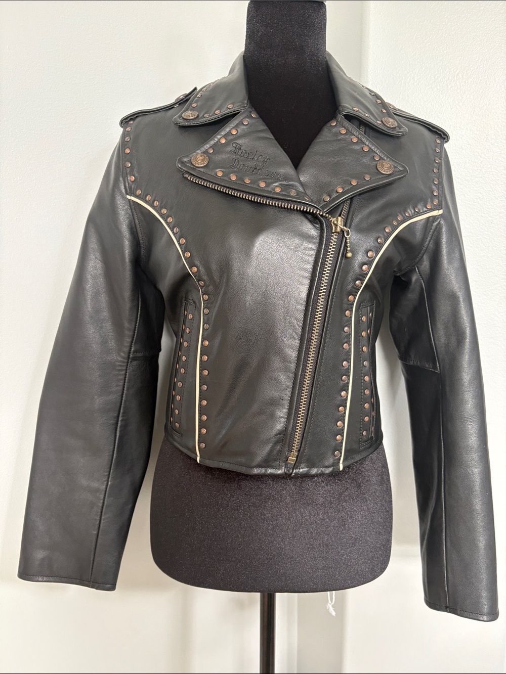 Vintage Harley-Davidson Black Leather Stud-Trim Moto Jacket